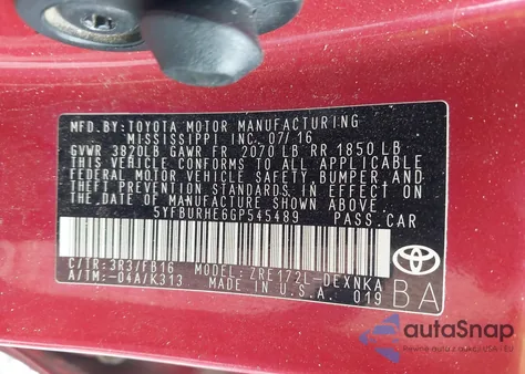 2016 Toyota Corolla Le z USA, uszkodzony, nr VIN 5YFBURHE6GP545489